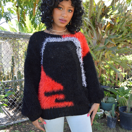 Fuzzy 80S Sweater Slouchy Oversized Loose Knit Pullover Jumper Black Red White Furry Unique Artsy 1980S Style Medium Large