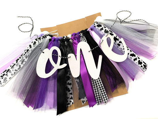 Cow Theme High Chair Tutu Skirt Banner, Farm Purple Birthday Girl Smash Cake, 1st Photo Backdrop, One Banner Prpl