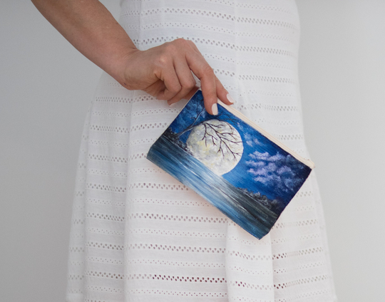 Full Moon Pouch Hand Painted, Fantasy Gothic Bag, Small Tote Stars, Makeup Bag Lunar Phases, Pencil Case Halloween Accessory