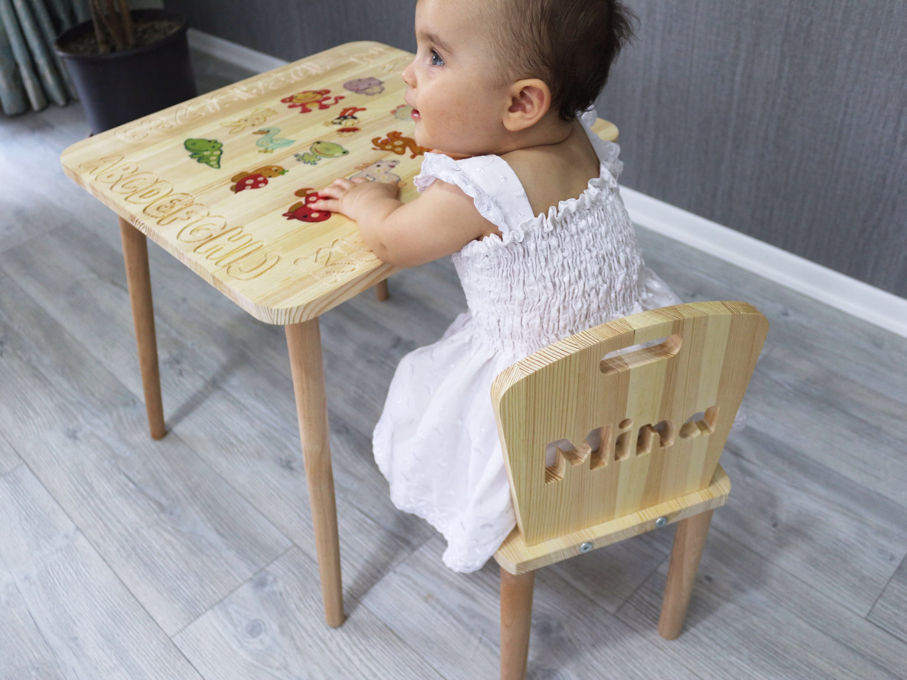 Personalised Children Kids Table & Chairs, Any Name Per Chair, Alphabet & Animals, Activity Chair Set Room Decor