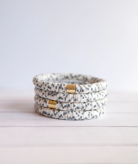 White & Gray Dot Clay Disc Stretch Bracelet | 8mm 1 Polymer Stacking Gift For Her