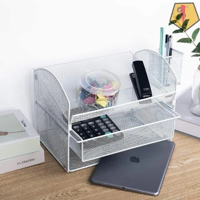 Desk Organizer Set Metal Mesh Desktop Telephone Stand With Pencil Cup Holder, 2 Piece White