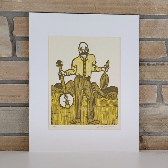 Vintage Woodcut Of Banjo Player By cm Carbonell -Pencil Signed Limited Edition Artwork -16x20 Ready To Frame -Gift For Musician Music Lover