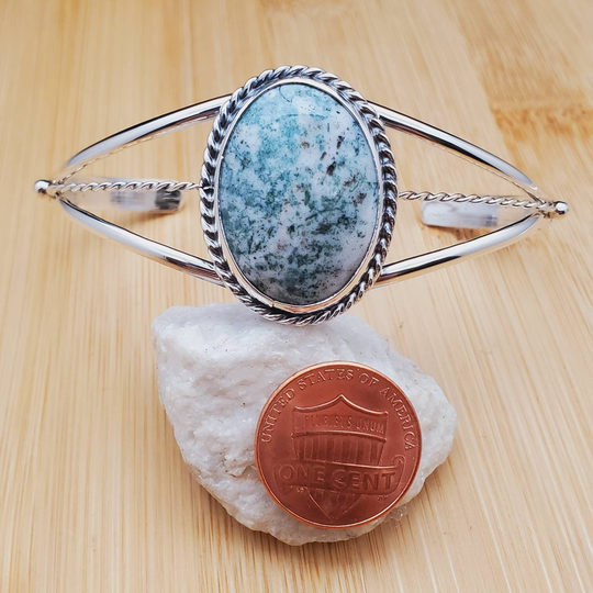 925Forher Dainty Green Moss Agate Bracelet Cuff | Sterling Silver Stone White Gemstone Jewelry