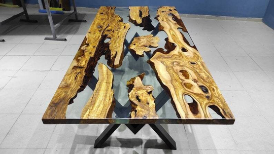 Luxury Dining Table, Epoxy Resin Olive Wood Meeting Office Desk, Coffee Kitchen Table