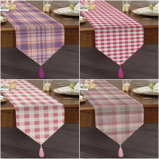 Plaid Table Runner|High Quality Triangle Chenille Runner|Decorative Tabletop|Tartan Pattern Runner|Checkered Tasseled Runner