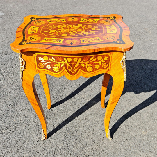 Marquetry French Style Side Table With Drawer