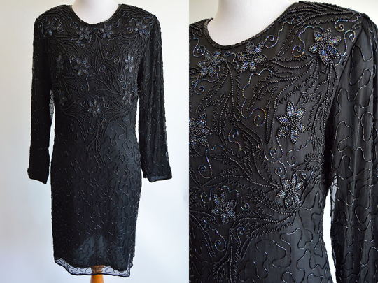 Black Beaded Silk Dress Iridescent Floral Evening Gown Long Sleeve 1980S Elegant Vintage Medium