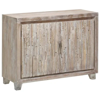 48 Inch Distressed White Stacked Planks 3D Effect Accent Cabinet, Jeen