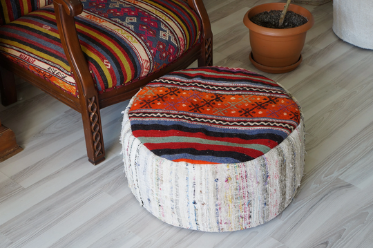 Kilim Rug Handmade Round Ottoman Vintage Floor Pillow Pouf Bohemian Decorative Colorful Chair Is Cotton Top
