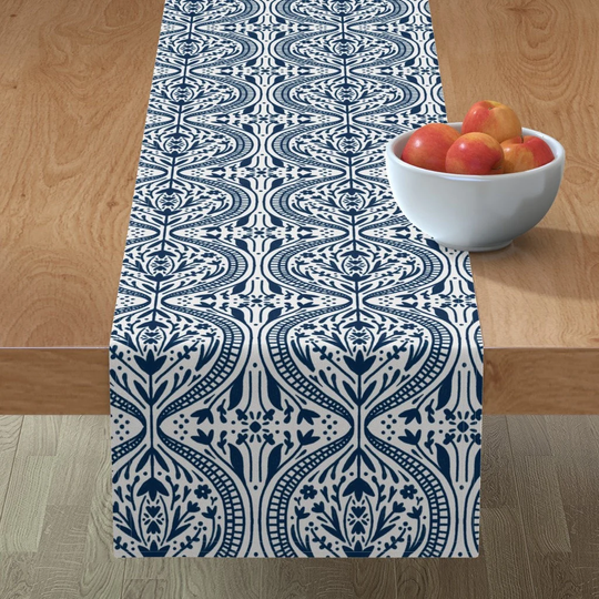 Indigo Blue Ogee Table Runner - Dark Damask By Amy Maccready Modern Medium Scale Cotton Sateen Spoonflower