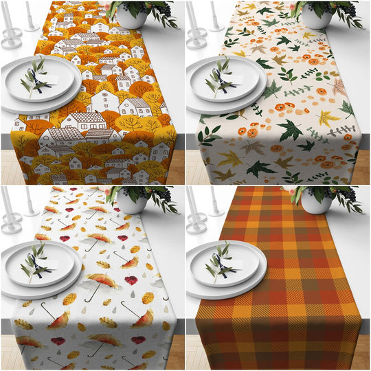 Fall Trend Table Runner|Houses With Trees Runner|Autumn Home Decor|Farmhouse Style Top|Housewarming Themed Tablecloth
