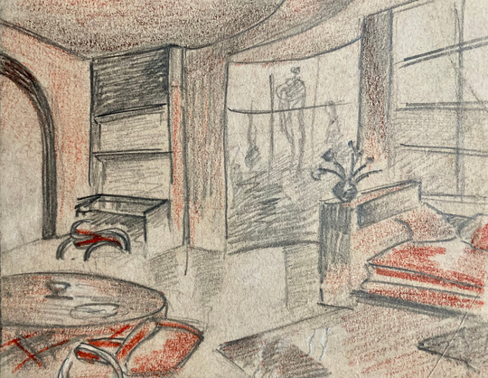 1940S French Colored Pencil Architectural Study On Paper. Living Room Interior. Furniture Design. Modern Furniture