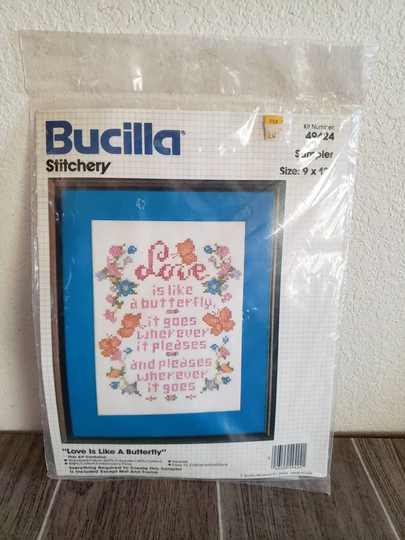 Vintage 1980's Bucilla Stitchery #49424 Sampler | Love Is Like A Butterfly Cross Stitch Kit Nos