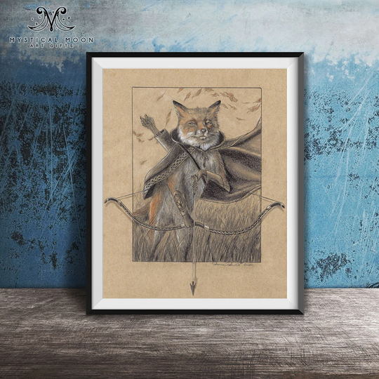 Fox Warrior Art Print/Animal Archer Celtic Knots Bow & Arrows Deanna Davoli Pencil Drawing Kitsune Artwork Fantasy Foxes