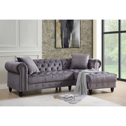 L-Shaped Traditional Wood Legs Gray Velvet Sectional Sofa