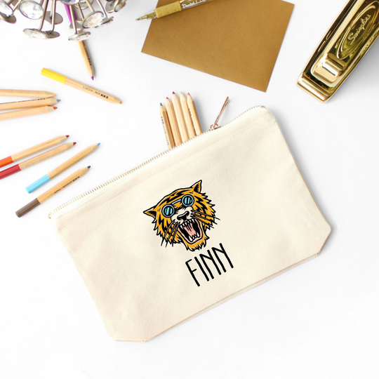 Kids Personalized Pencil Pouch Custom Bag Cool Case Tiger in Sunglasses Boys