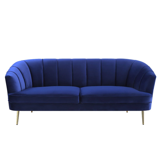 Velvet Upholstered Sofa with Metal Legs in Blue and Gold