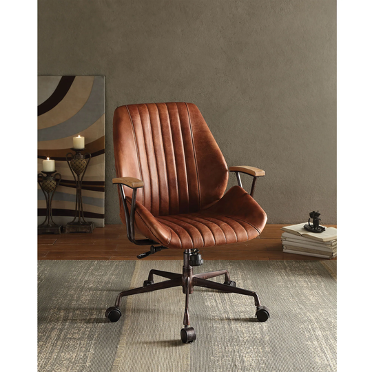 Vintage Swivel Leather Office Chair(360 Degree)Adjustable Seat Striped Backrest Desk Chairs with Wooden Armrest Top & Casters