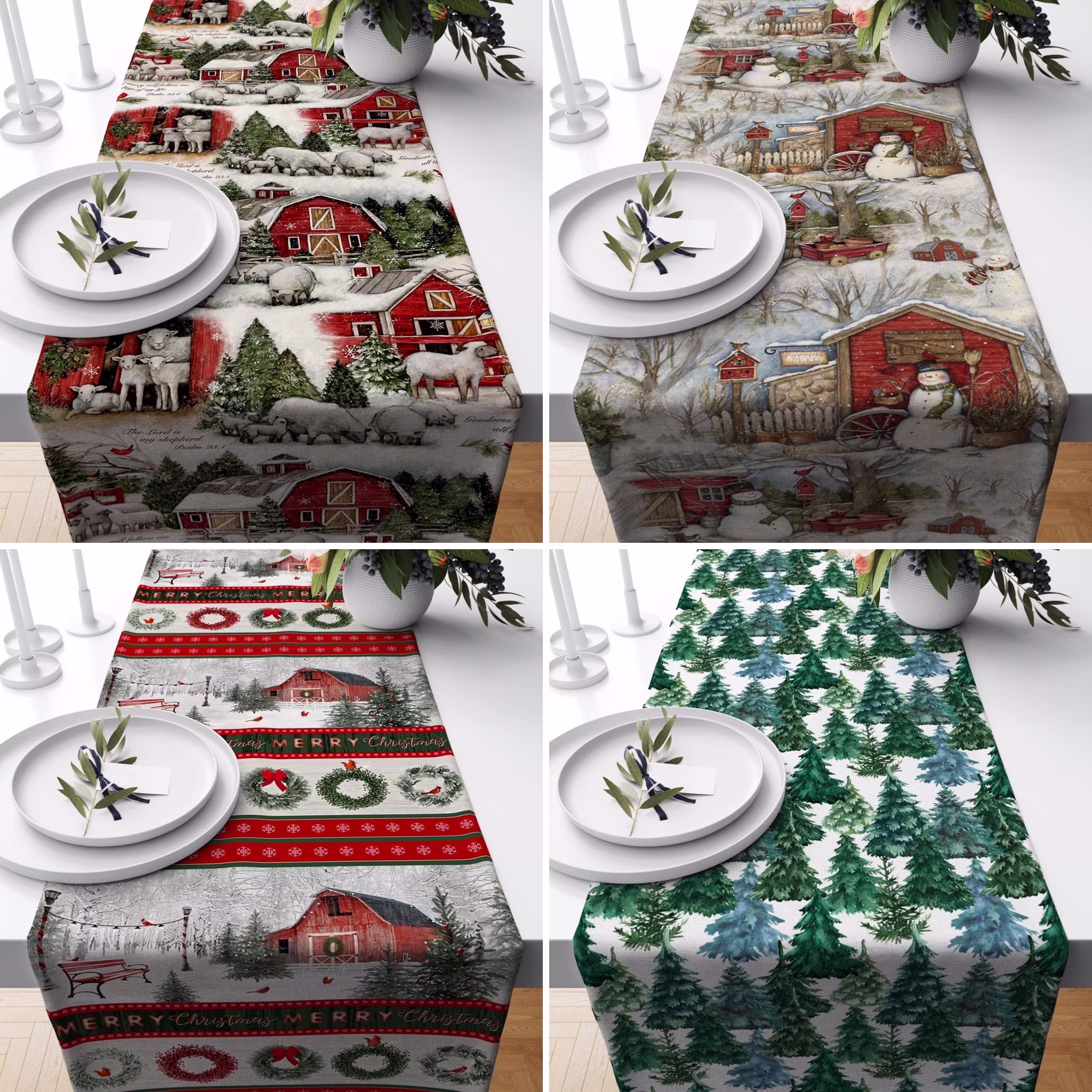 Christmas House Table Runner, Red Kitchen Winter Decoration, Linens, Country Home Decor, New Year's Present