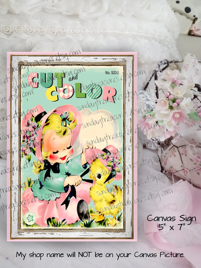 Vintage Coloring Book Cover/Canvas Wall Art Girl Chick 5x7 Picture Tiered Tray Decor, Easter Spring Everyday More Colors