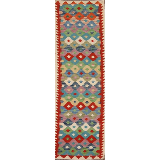 Colorful Kilim Geometric Oriental Runner Rug Flat-weave Wool Carpet - 2'7"x 9'5"