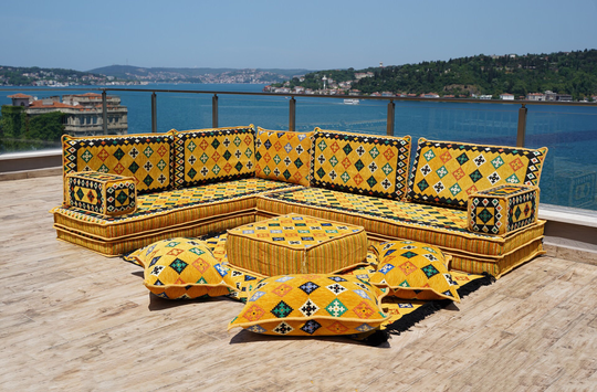 8" Thick Yellow L Shaped Floor Seating, Arabic Sofa Pillow, Garden Furniture, Sectional Sofa, Patio Majlis