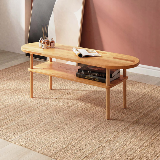 Solid Wood Coffee Table Demontha, Minimalist End With 2 Shelves, Beech Side Table, Home & Living