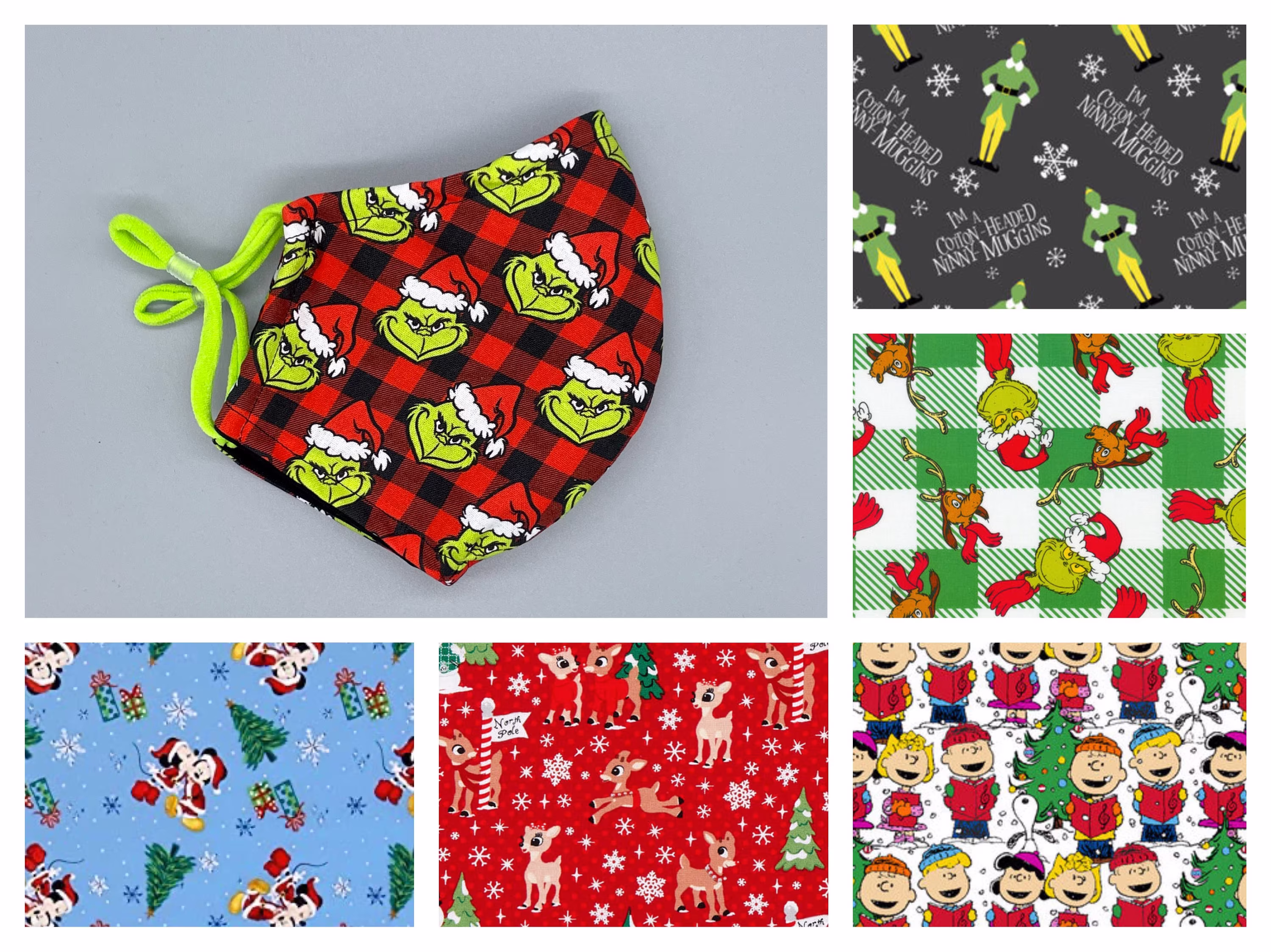 Christmas Characters, Grinch, Elf, Mickey - Face Mask Adult, Child, Kid, School, Adjustable, Nose Wire, Cotton, Washable, Handmade, Reusable