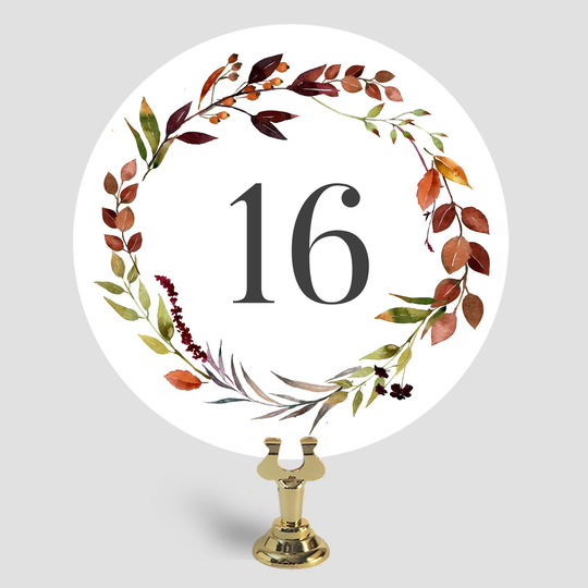Autumn Wreath Wedding Table Numbers, Double Sided Cards, Round Fall Reception Numbers