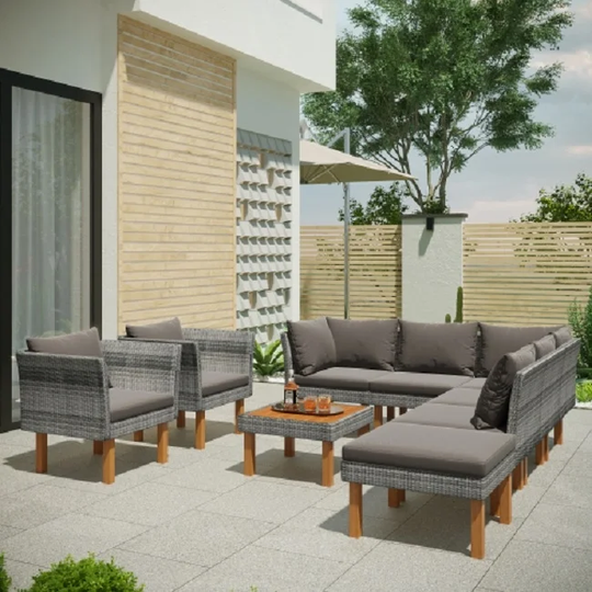 9-Piece Outdoor Patio Garden Wicker Sofa Set, Gray PE Rattan Sofa Set, with Wood Legs, Acacia Wood Tabletop, Armrest Chairs