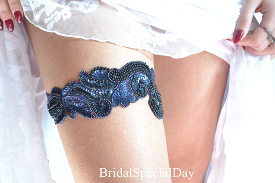 Wedding Garter Navy Blue Bridal Pearl Handknitted With Sequins/ Something Handmade Garters