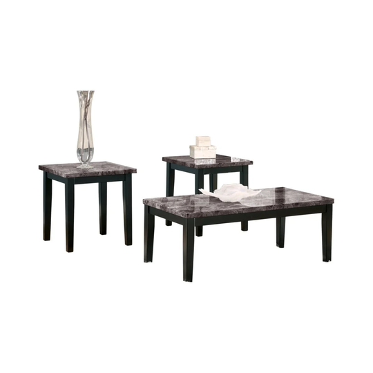 Faux Marble Top Table Set with Tapered Wooden Legs, Set of Three, Black and Gray