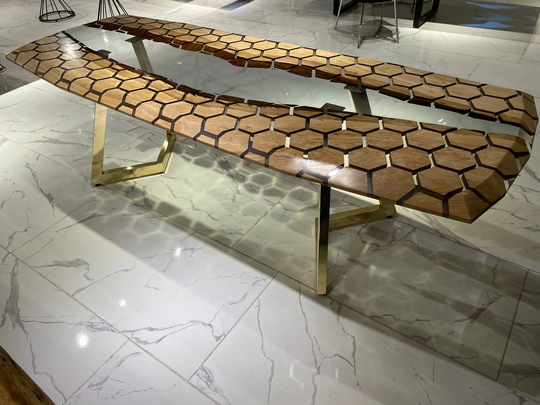 Clear Epoxy Resin Hexagon Dining Table, Honeycomb Oak Wood Live Edge Table, Natural Table