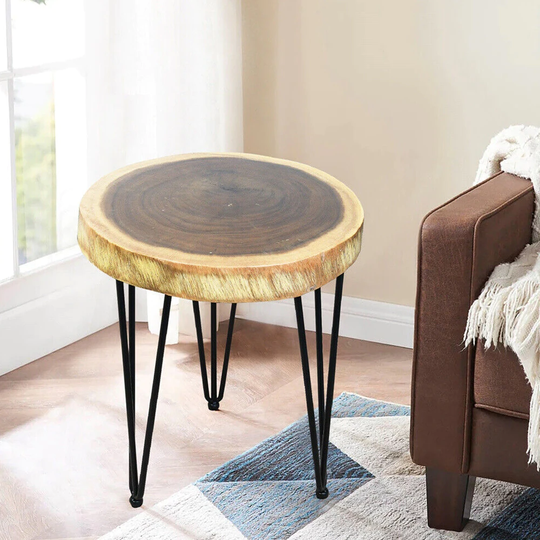 Rustic Natural Edge Wood Round End Table with 3-Leg Metal Stand 20" - 54 x 84