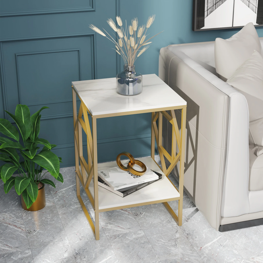 Sintered Stone End Coffee Table 2 Tier Side Table With Storage Shelf - 15.75x15.75x22.83 inch