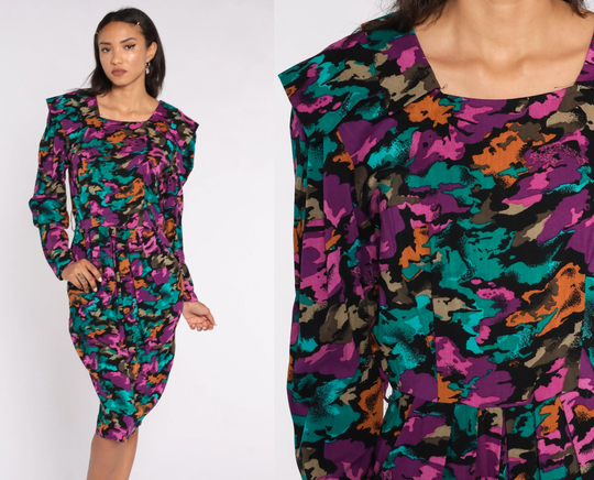 80S Pencil Dress Abstract Print Midi Purple 1980S Puff Sleeve Fitted Wiggle Secretary Long Camo Medium 8