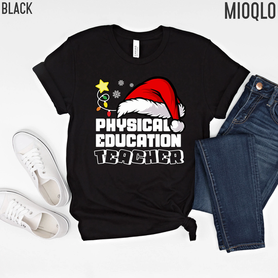 Santa Team Physical Education Teacher Squad Matching Holiday Christmas Shirt, Pe Gymnastic Gym Running Swimming School Party Xmas Gift Tee