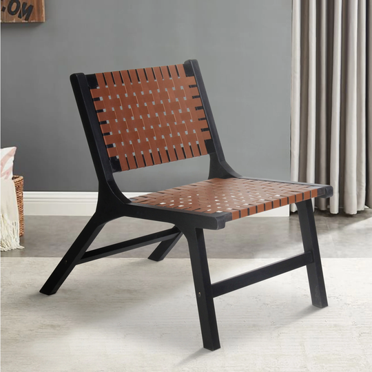 36 Inch Kay Woven Mid Century Genuine Leather Accent Chair with Mango Wood Frame, Dark Brown