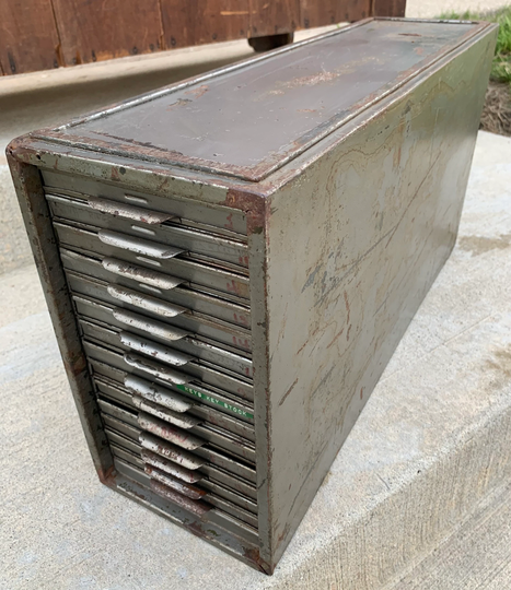 Mid Century Antique Industrial Metal 14 Drawer Storage Bin File Cabinet 12.5H7.25W24D Shipping Is Not Free