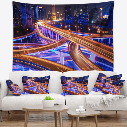 Designart 'Colorful City Overpass at Night' Cityscape Wall Tapestry