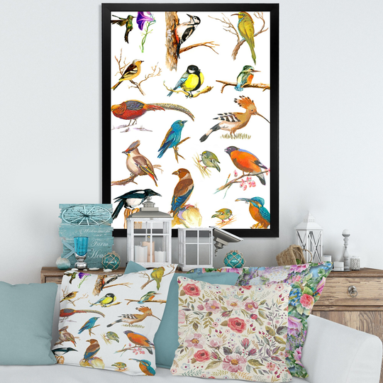 Designart 'Vibrant Colored Birds Plancard' Traditional Framed Art Print