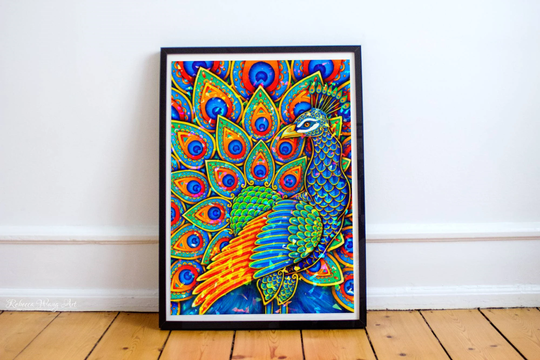 Colorful Paisley Peacock Rainbow Bird Fantasy Holographic Hand Signed Art Print Psychedelic Wall 12x18