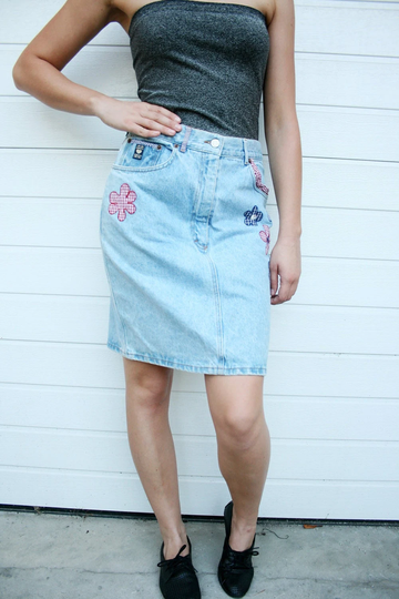 Vintage Denim Pencil Skirt With Floral Patches