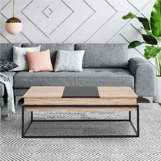 47.2 in. Oak and Black Rectangle Lift Top Coffee Table with Lift Top and Storage
