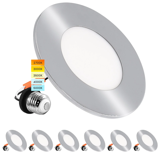 Luxrite 6-Pack 4" LED Recessed Light, 5 Color Selectable, Magnetic Trim, Dimmable, 500 LM, Wet Rated - Chrome