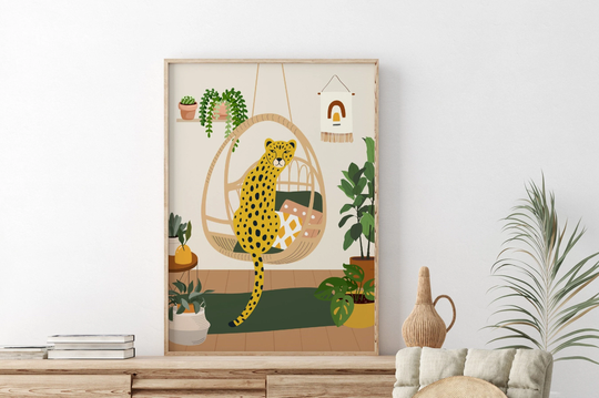 Leopard On Hanging Chair, Animal Print, Plant Wall Art, Living Room A5/A4/A3/A2/A1/5x7/4x6, Home Decor, Gallery Art