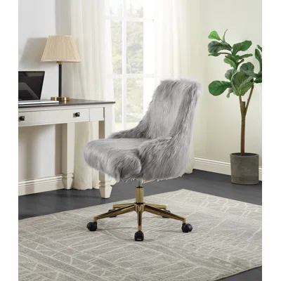 Arundell II Office Chair In Gray Faux Fur & Gold Finish