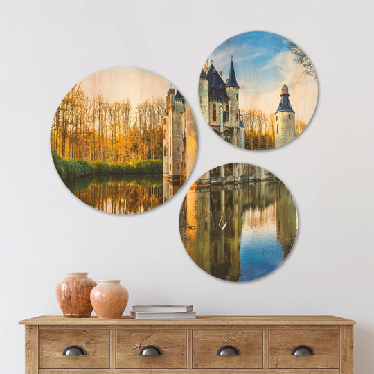 Designart 'Fairytale Medieval Castles' Landscape Wood Wall Art Set of 3 Circles - Multi-Color