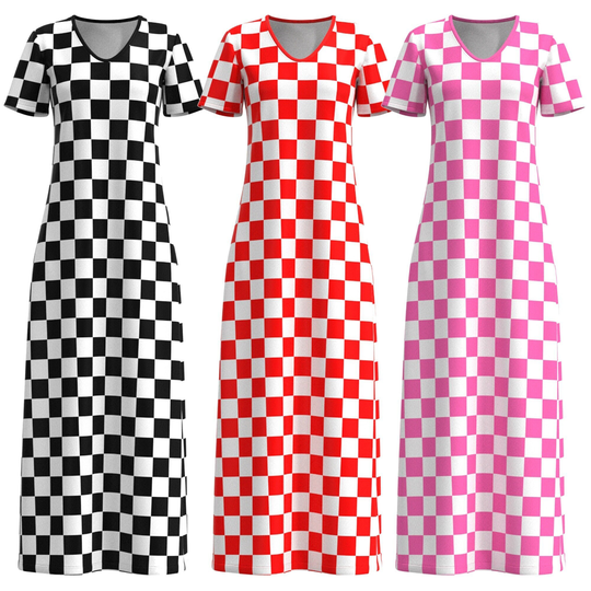Checker Box Check Geometric Pattern Design Black Red Pink White Short Sleeve Modest Long Maxi Dress